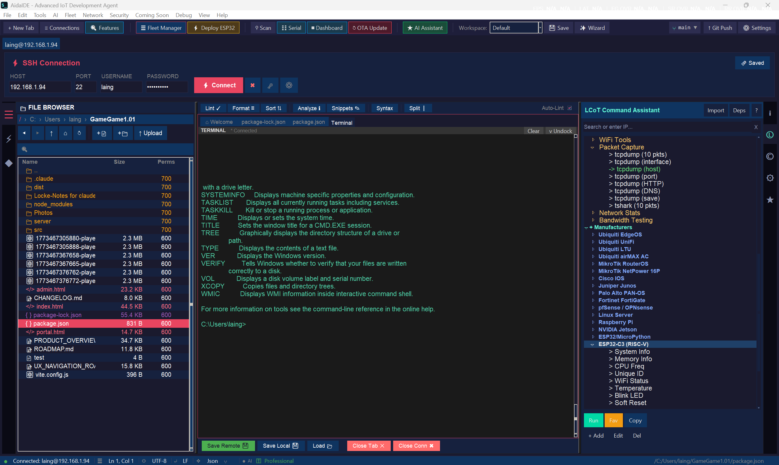 LCOT Command Assistant: terminal output on the left, command palette of WiFi, packet capture, memory, network and IoT tools on the right