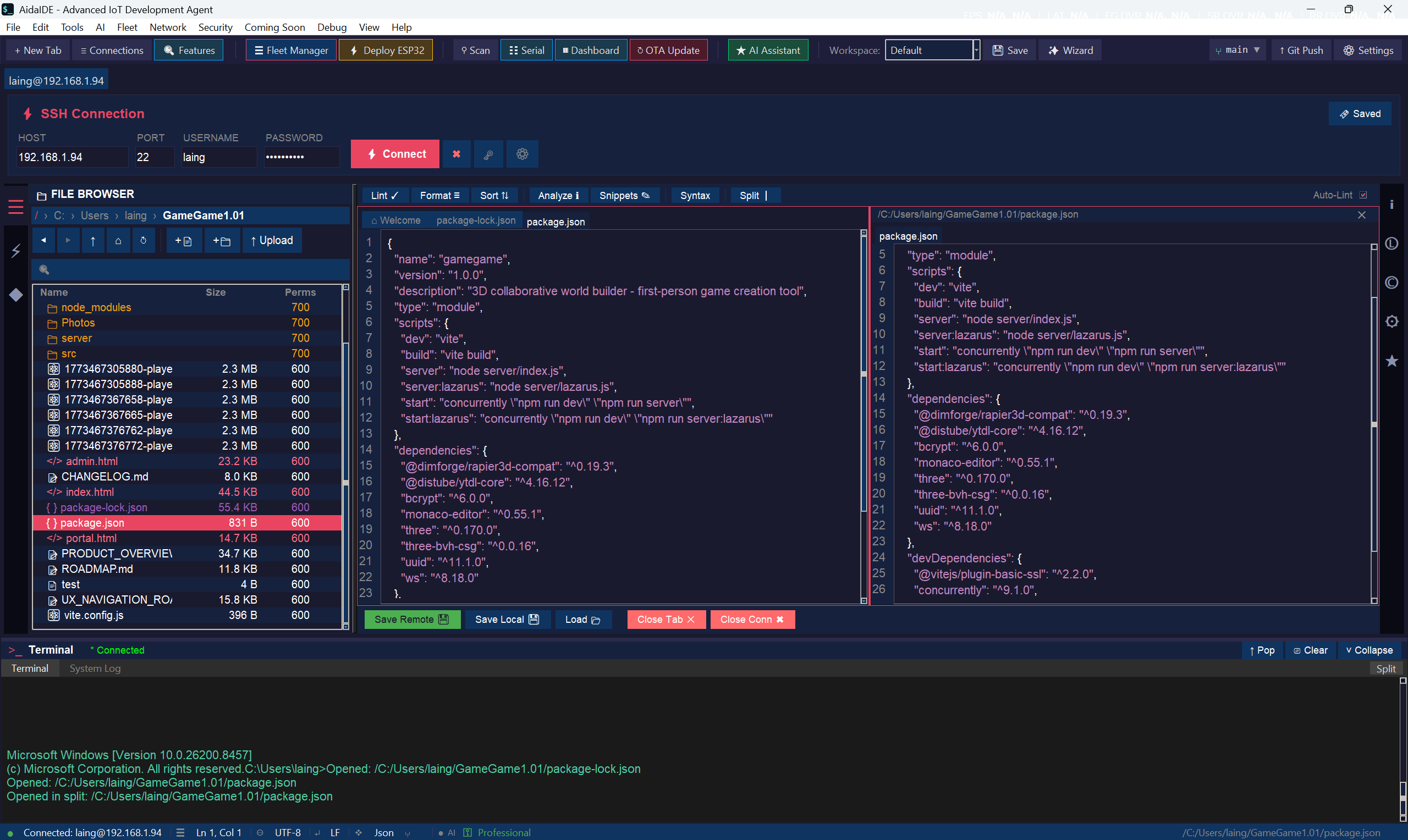 SSH Engine: connected session with file browser and split editor running over a single SSH connection